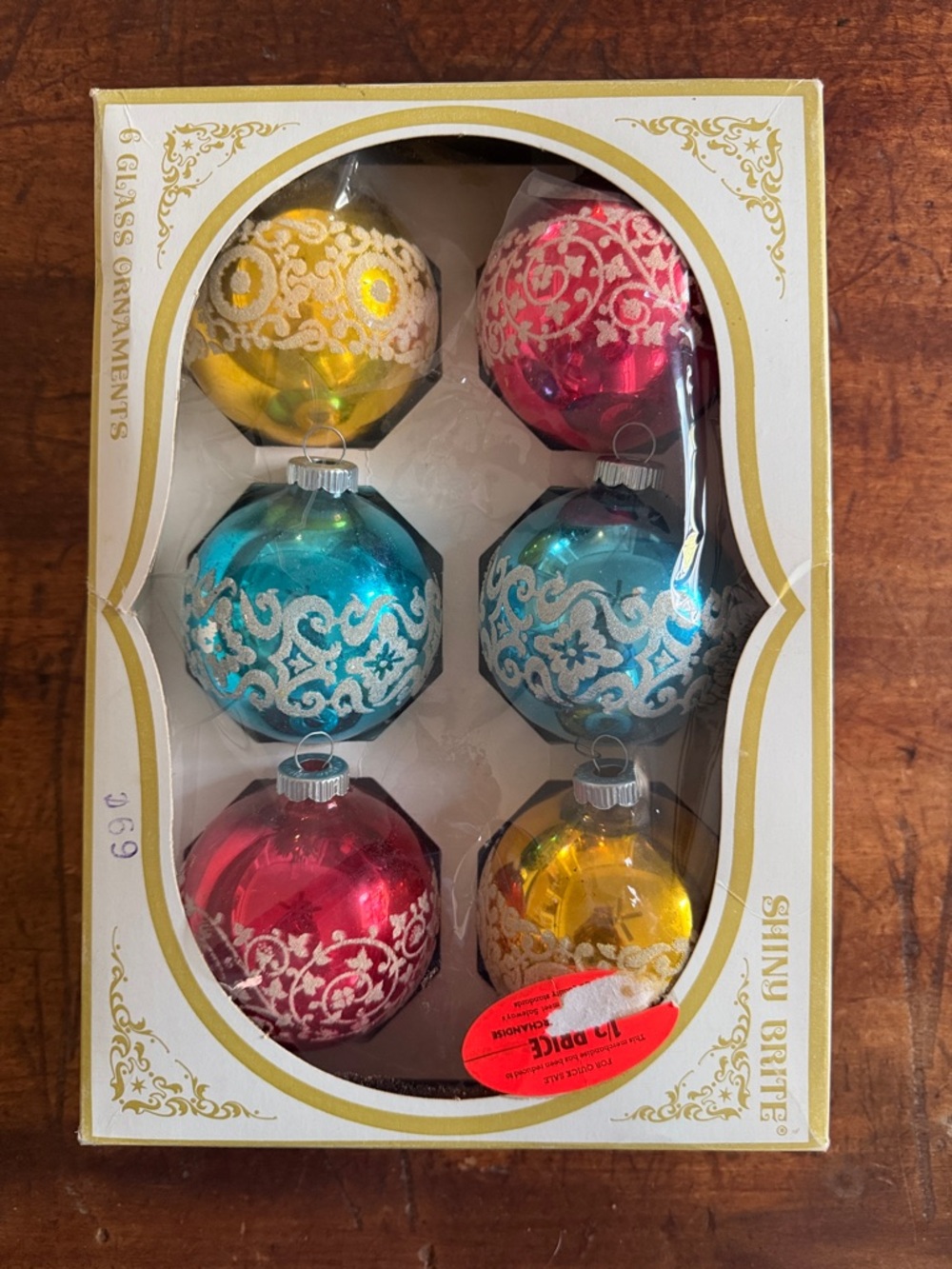 Set of 6 Vintage Shiny Brite Stencil Glitter Glass Christmas Ornaments in Box - Picture 2 of 10